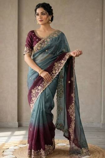 Wine silk blend embroidered saree with sequins work