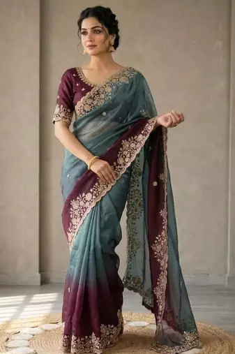 Wine silk blend embroidered saree with sequins work