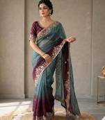 Wine silk blend embroidered saree with sequins work