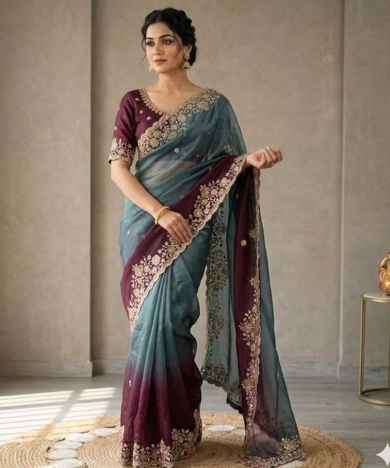 Wine silk blend embroidered saree with sequins work