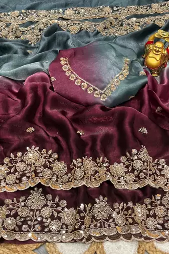 Wine silk blend embroidered saree with sequins work
