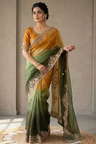 Green silk blend embroidered saree with sequins work
