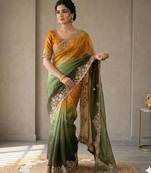 Green silk blend embroidered saree with sequins work