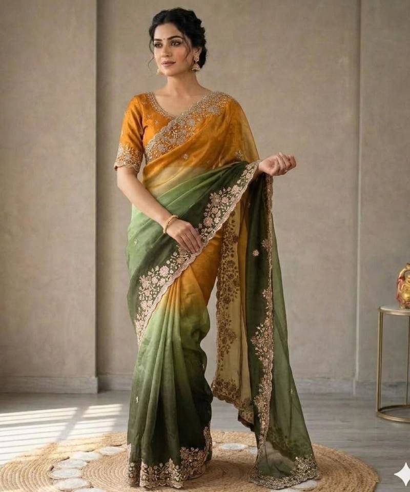 Green silk blend embroidered saree with sequins work