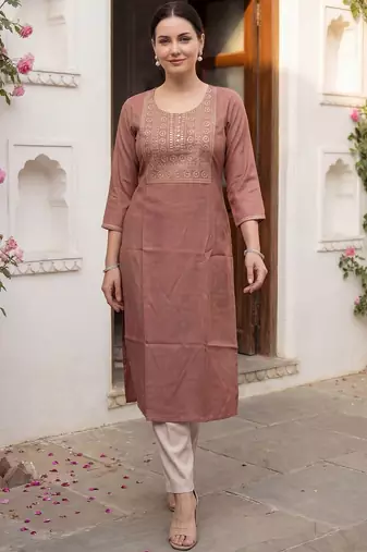 Brown women floral embroidered sequinned floral kurta