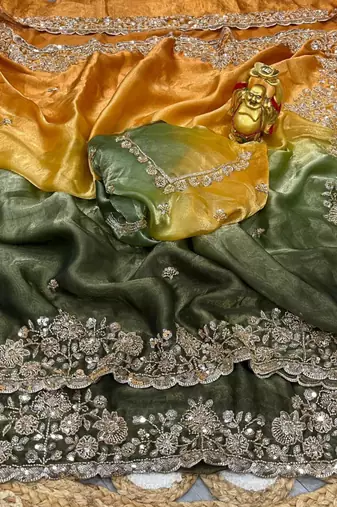 Green silk blend embroidered saree with sequins work