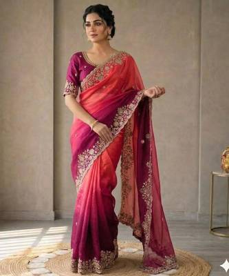 Pink silk blend embroidered saree with sequins work 1