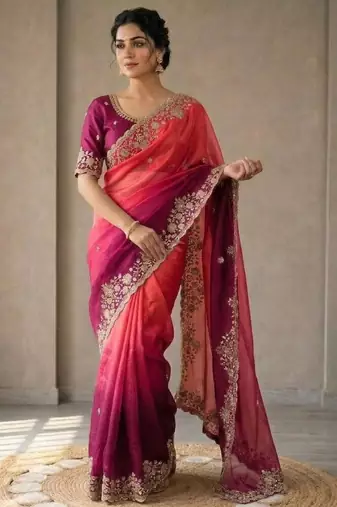 Pink silk blend embroidered saree with sequins work