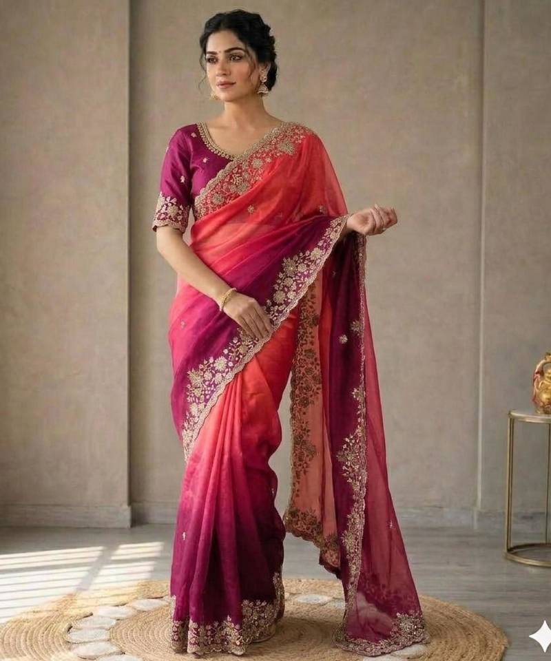 Pink silk blend embroidered saree with sequins work