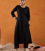 Black floral embroidered thread work straight kurta