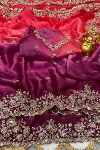 Pink silk blend embroidered saree with sequins work
