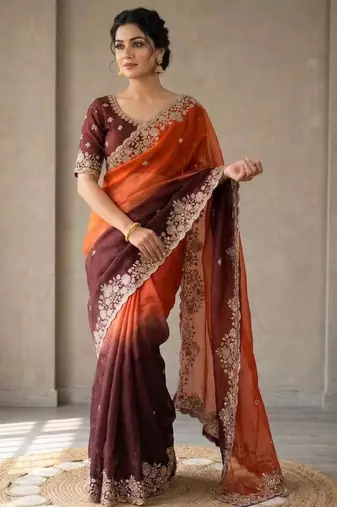 Orange silk blend embroidered saree with sequins work