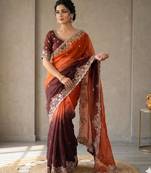 Orange silk blend embroidered saree with sequins work