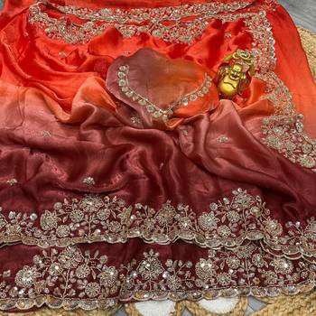 Orange silk blend embroidered saree with sequins work 2