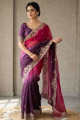 Pink silk blend embroidered saree with sequins work