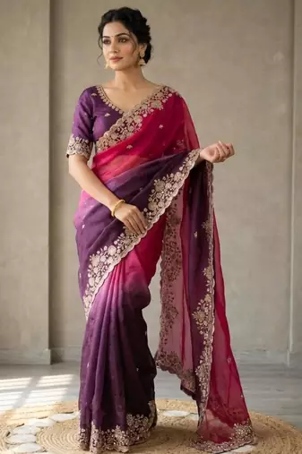 Pink silk blend embroidered saree with sequins work