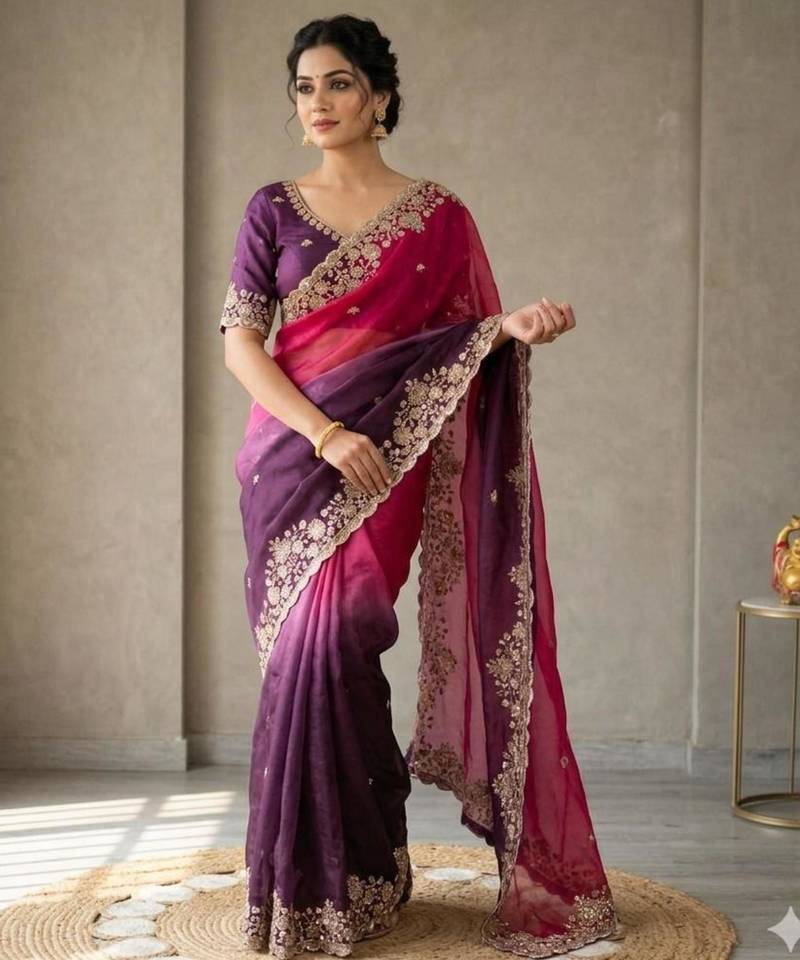 Pink silk blend embroidered saree with sequins work