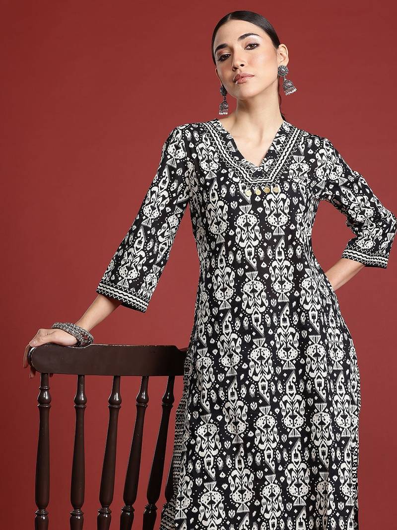 Black ethnic motifs printed pure cotton kurta with trousers