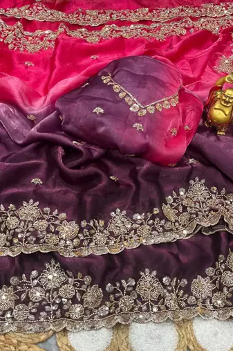 Pink silk blend embroidered saree with sequins work