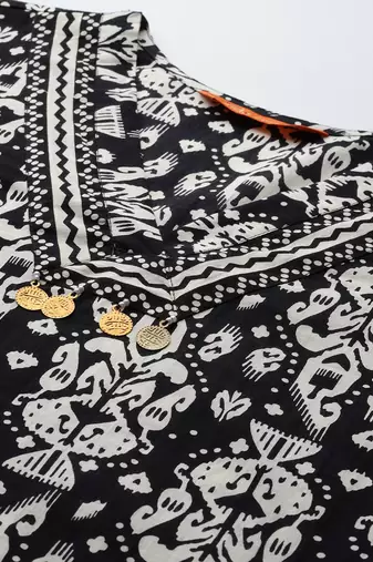 Black ethnic motifs printed pure cotton kurta with trousers