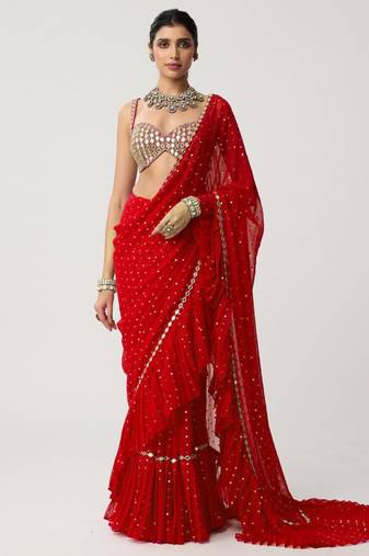 Red georgette embroidered saree with sequins work