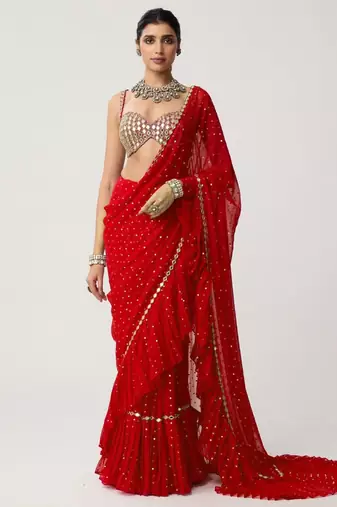 Red georgette embroidered saree with sequins work