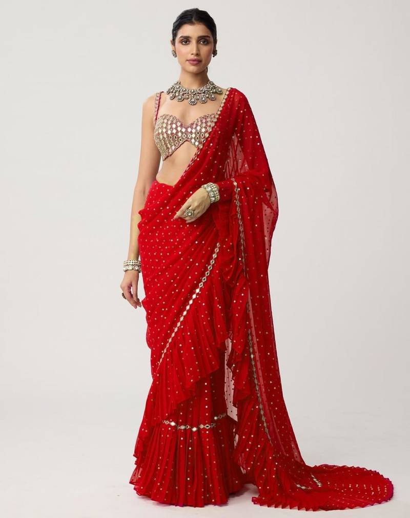 Red georgette embroidered saree with sequins work