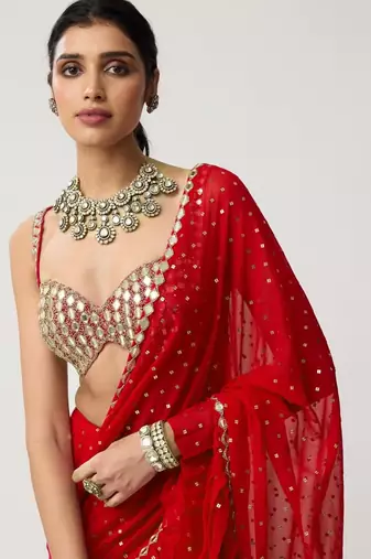 Red georgette embroidered saree with sequins work
