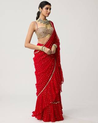 Red georgette embroidered saree with sequins work 3