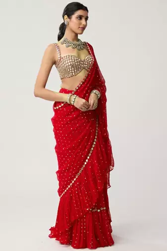 Red georgette embroidered saree with sequins work