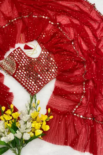 Red georgette embroidered saree with sequins work