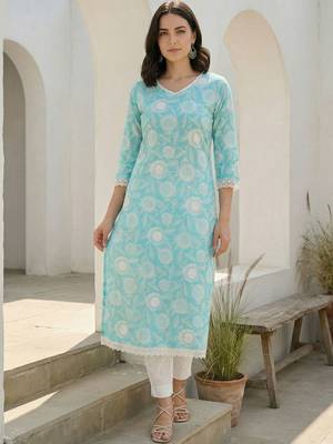 Blue women floral printed floral kurta 4