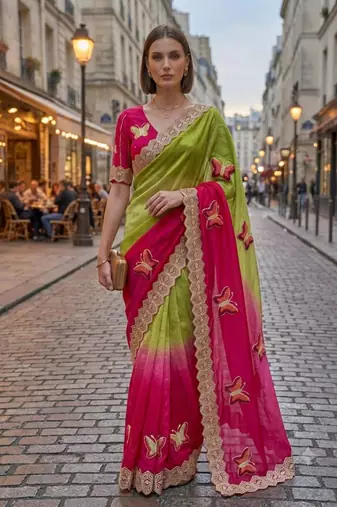 Parrot green silk blend embroidered saree with gota patti