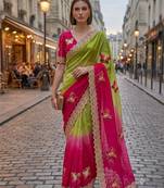 Parrot green silk blend embroidered saree with gota patti