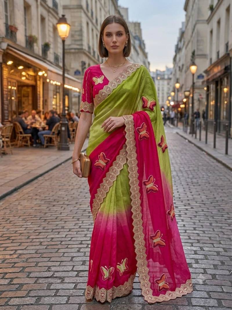 Parrot green silk blend embroidered saree with gota patti