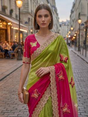 Parrot green silk blend embroidered saree with gota patti 2