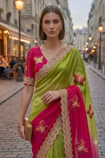 Parrot green silk blend embroidered saree with gota patti