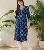 Blue women floral printed sequinned indigo kurta