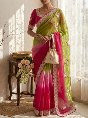Parrot green silk blend embroidered saree with gota patti 3