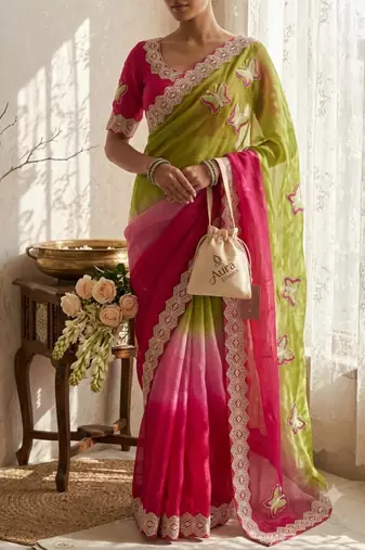 Parrot green silk blend embroidered saree with gota patti