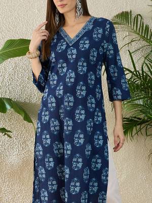 Blue women floral printed sequinned indigo kurta 3