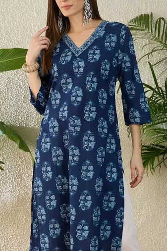 Blue women floral printed sequinned indigo kurta