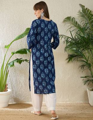 Blue women floral printed sequinned indigo kurta 4