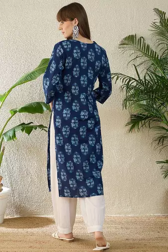 Blue women floral printed sequinned indigo kurta