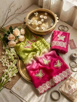 Parrot green silk blend embroidered saree with gota patti 4