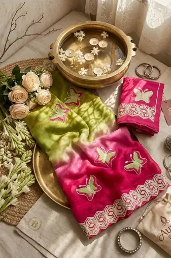 Parrot green silk blend embroidered saree with gota patti