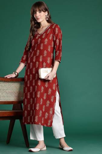 Maroon ethnic motifs printed pure cotton kurta