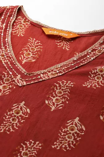 Maroon ethnic motifs printed pure cotton kurta