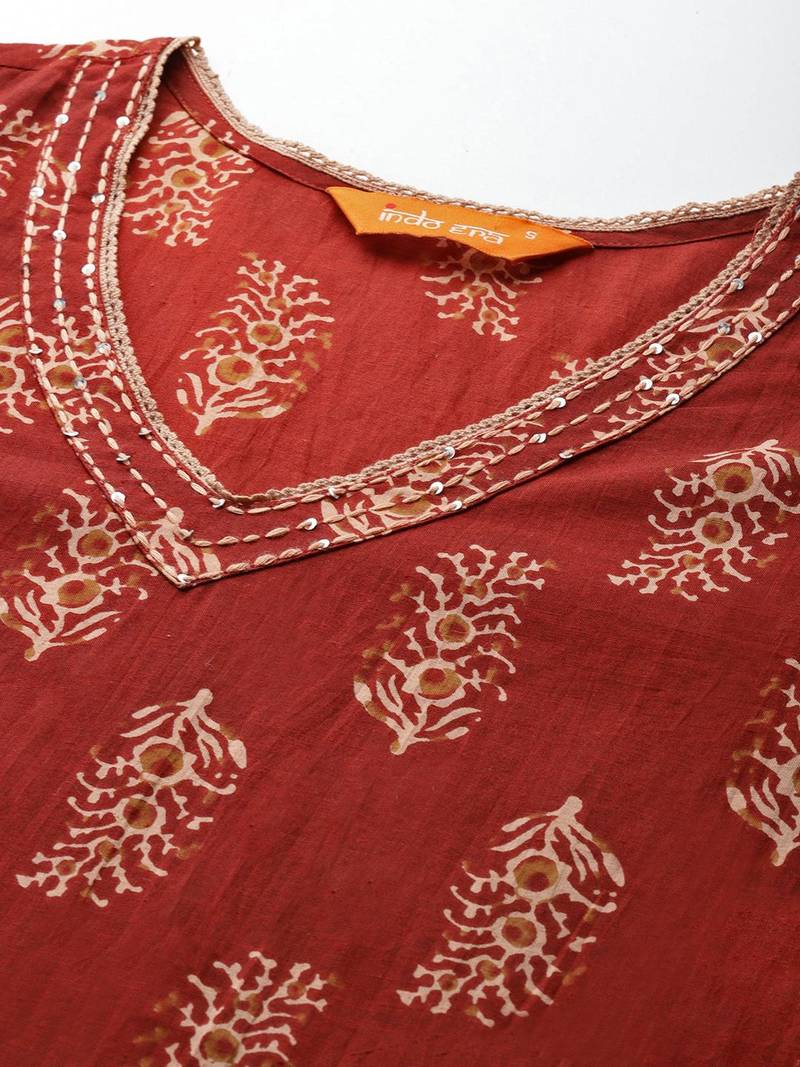 Maroon ethnic motifs printed pure cotton kurta