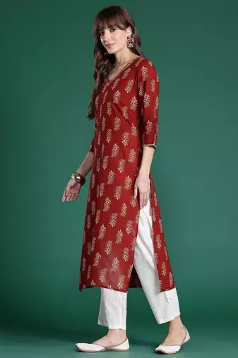 Maroon ethnic motifs printed pure cotton kurta